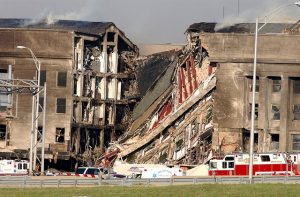 The damage to the Pentagon in the terrorist attack in 9/11. 